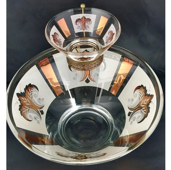 Vintage Anchor Hocking Festive Pattern 22k Gold/White Chip & Dip Set MCM - Picture 3 of 15